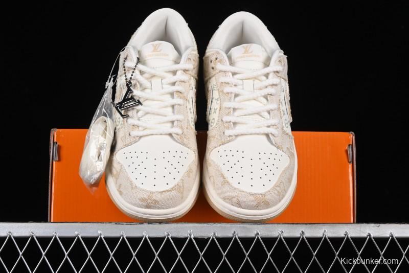 Nike SB Dunk Low LV Collaboration - Beige Swoosh Anniversary High-End Custom Low-Top Casual Skate Shoes - SJ2068-258
