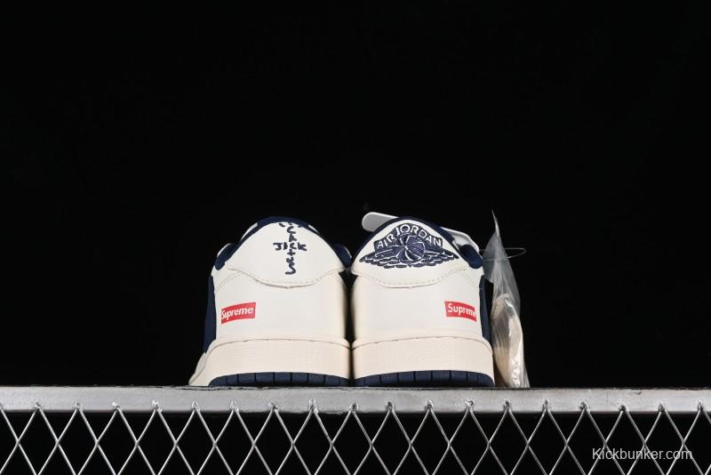 Nike Travis Scott x Fragment Design x Air Jordan 1 Low OG SP AJ1 Supreme Collaboration - White Navy Blue Low Top Casual Sneakers - XZ116