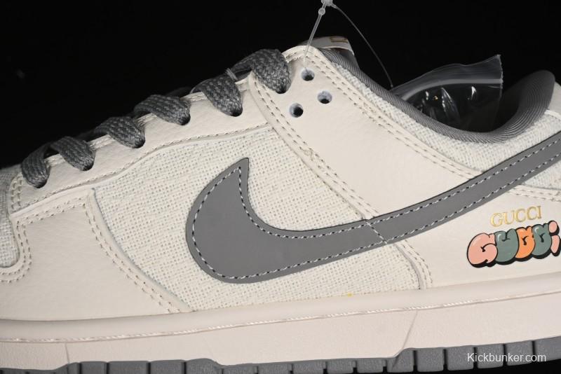 Nike SB Dunk Low Gucci Collaboration Anniversary High-End Custom Sneakers in Off-White & Dark Gray Swoosh - DQ1098-383