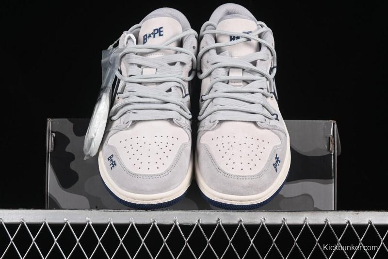 Nike Air Jordan 1 Low AJ1 Bape Collaboration - Grey Blue Retro Basketball Shoes with Custom Laces - SJ9950-019
