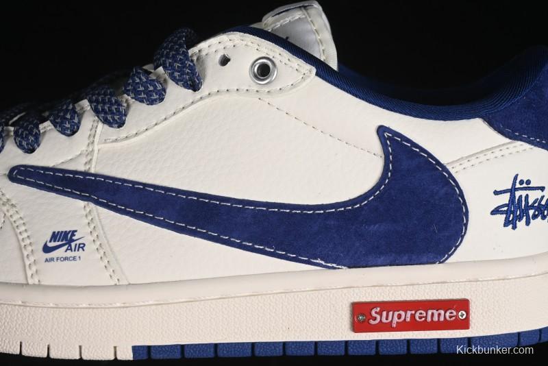 Nike Travis Scott x Fragment Design x Air Jordan 1 Low OG SP AJ1 Supreme Stussy Collaboration - Suede Blue Swoosh Low-Top Casual Sneakers - SJ2068-127
