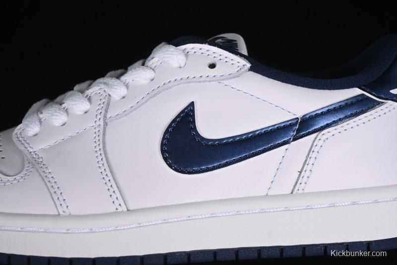 Nike Air Jordan 1 Low 85 Retro Sneakers in White with Metallic Blue Swoosh - FB9933-141