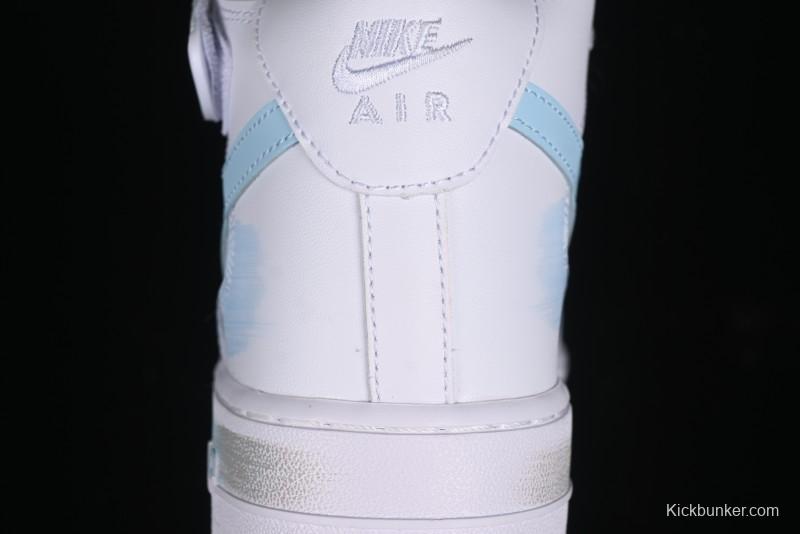 Nike Air Force 1 '07 Mid Light Blue Hand-Painted Cracked Three Stripes Shadow Mid-Top Casual Sneakers - CW2289-111