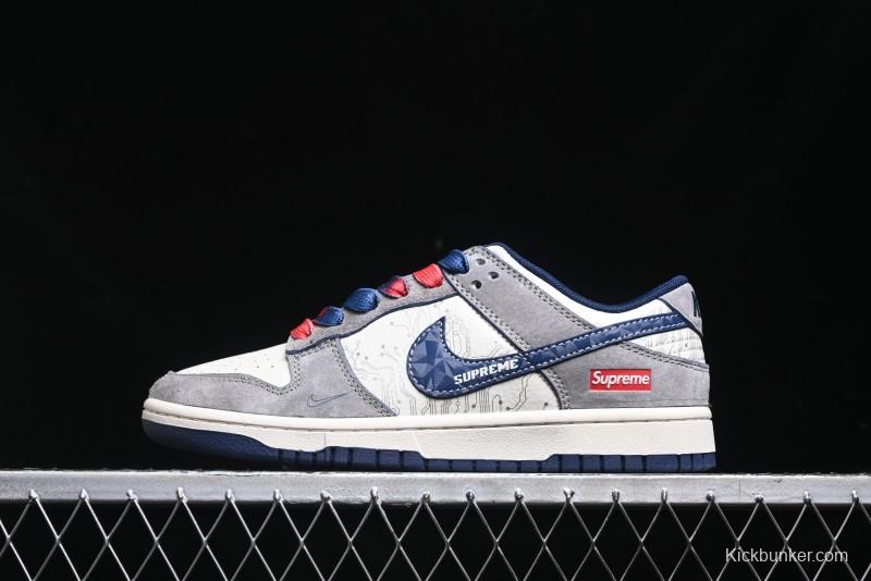 Nike SB Dunk Low Supreme Collaboration - Grey White Dark Blue Swoosh Anniversary High-End Custom Low-Top Casual Skate Shoes - DM6868-005