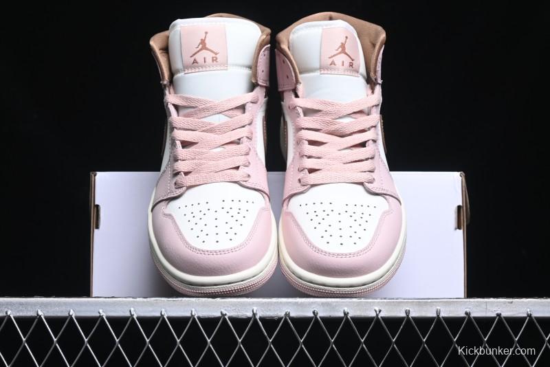 Nike Air Jordan 1 Mid AJ1 Basketball Shoes in Khaki Pink - BQ6472-620