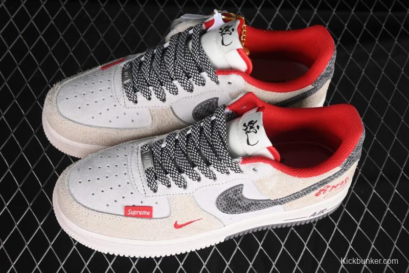 Nike Air Force 1 '07 Low Supreme Collaboration Grey Snake Scale Low-Top Casual Sneakers - DM6688-010