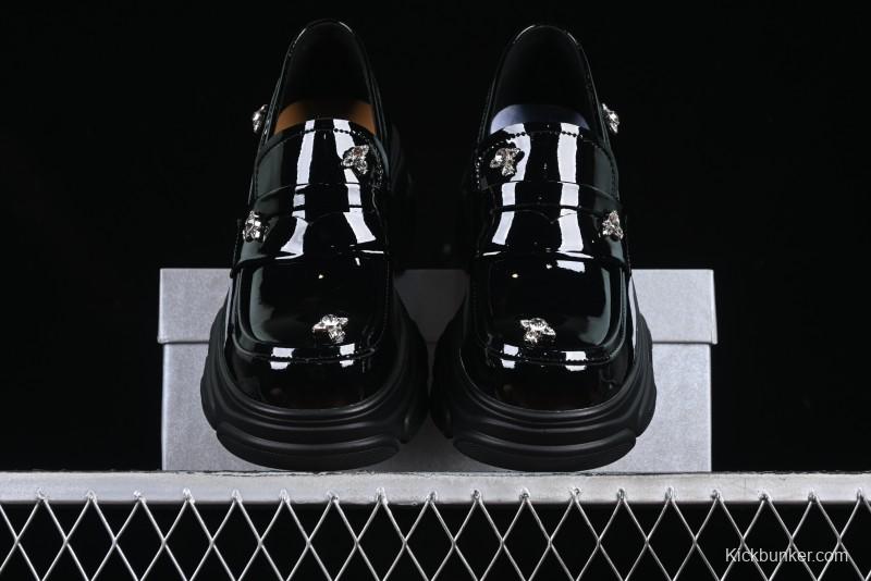 Black Patent Chunky Platform Loafers with Metal Embellishments
