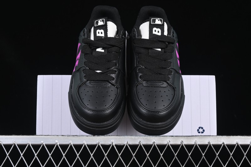 NY Yankees Black Leather Sneakers with Bold Pink Logo