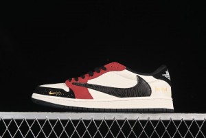 Nike Travis Scott x Fragment Design x Air Jordan 1 Low OG SP AJ1 FOG Collaboration Patchwork Burgundy Low-Top Casual Sneakers - LD2025-012