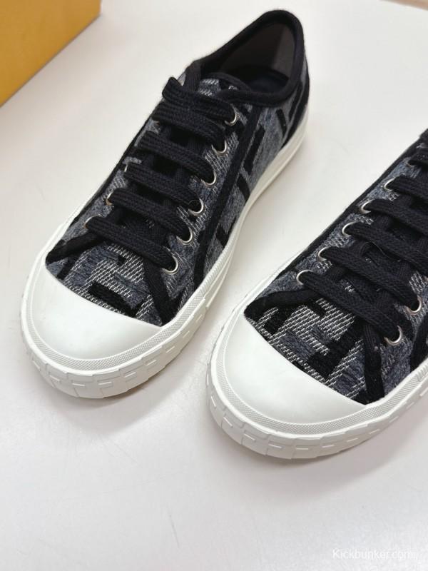 2025 Women Fendi Black Grey Fabric Leather Sneakers