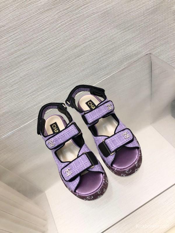 2025 Slippers Chanel Purple Fabric Wedge Sandals