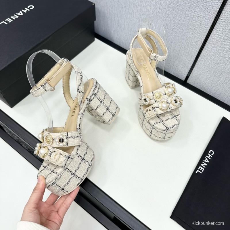 2025 Women Chanel Beige Black Tweed Leather Platform Sandals MJ00310