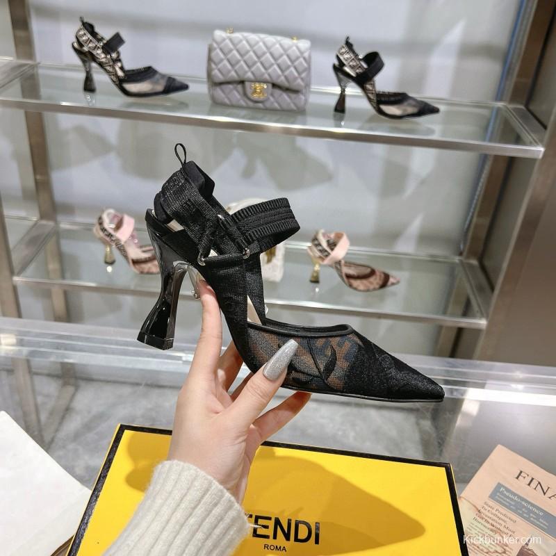 2025 Women Fendi Black Mesh Leather Heels MJ00280