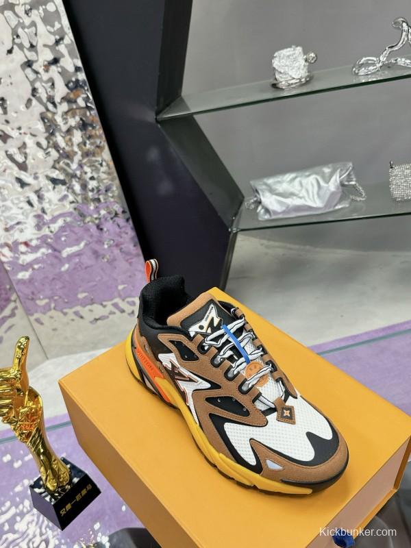 2025 Men Louis Vuitton Brown White Black Mesh Leather Sneakers MJ00420