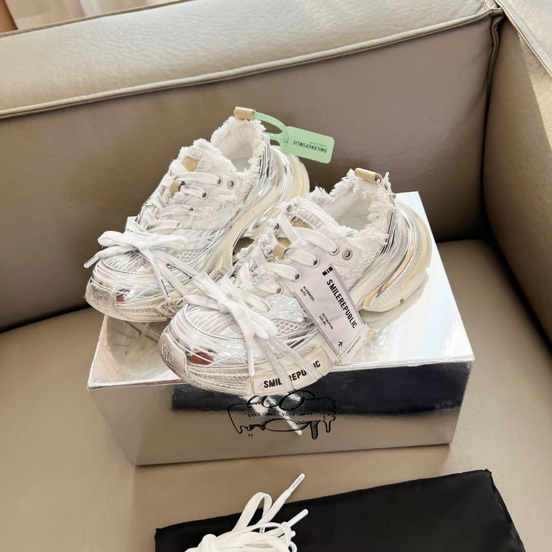 2025 Women Smile Republic White Silver Mesh Leather Sneakers
