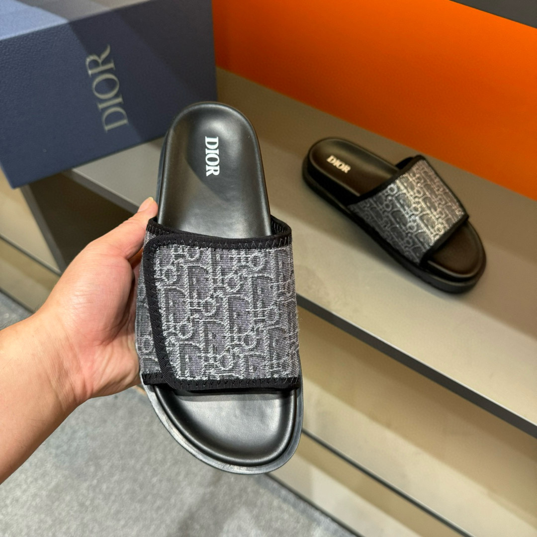 2024 Dior black grey canvas leather Slippers MJ00180