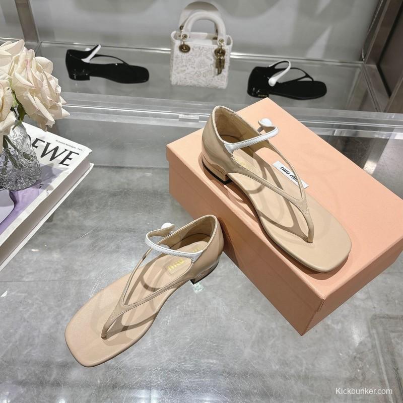 2025 Women MiuMiu Beige Leather T-Strap Sandals With Clear Heel KFY00289(F)