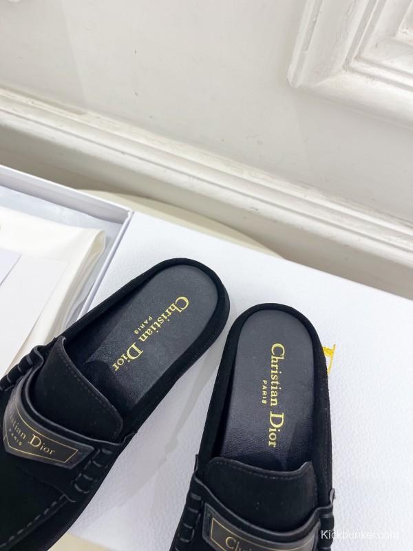 2025 Women Dior Black Leather Slip-On Loafers Crafted With Original Rubber Sole KFY00300(F)