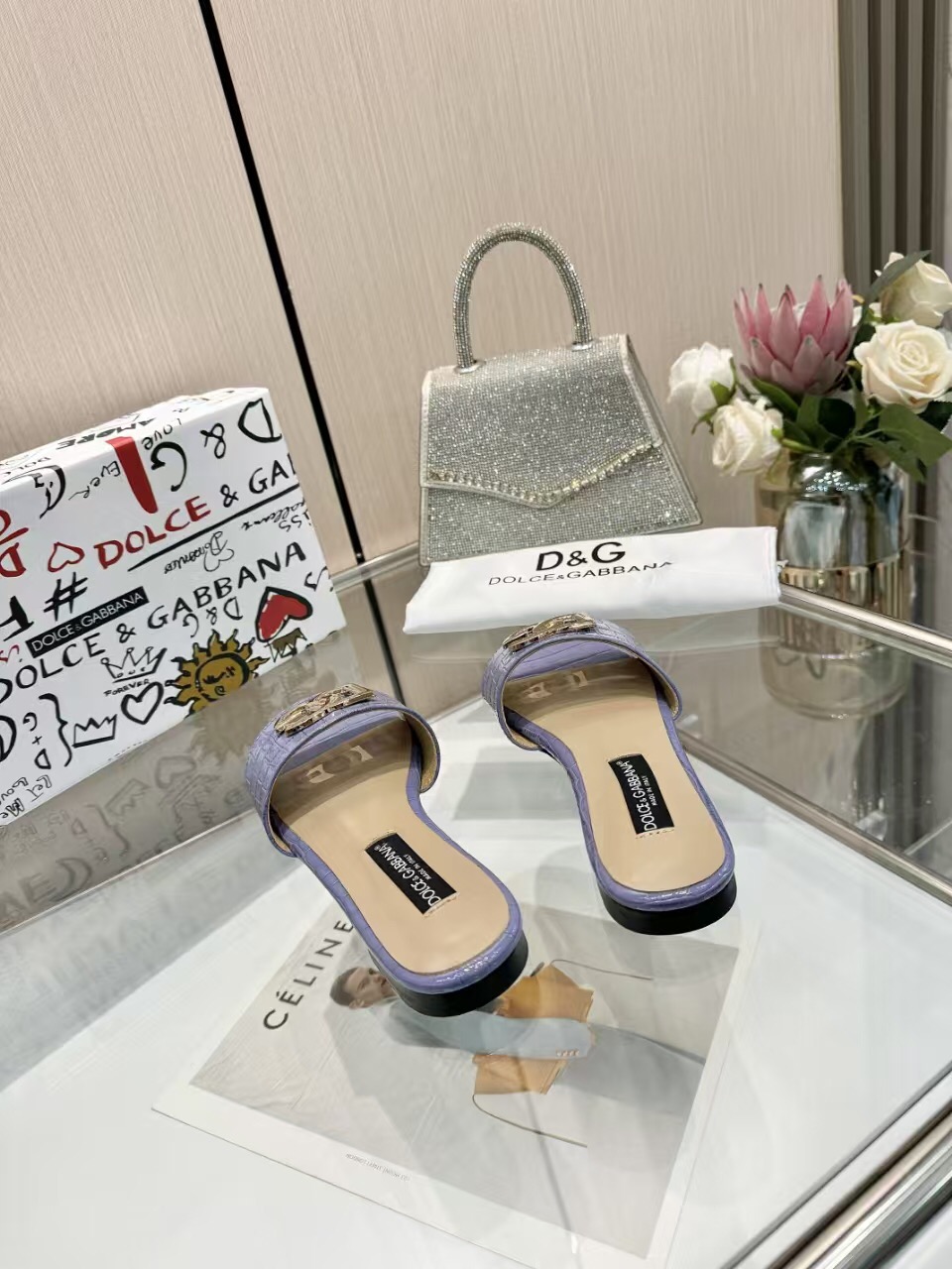 2025 Women Dolce & Gabbana Purple Leather Slippers LY00190