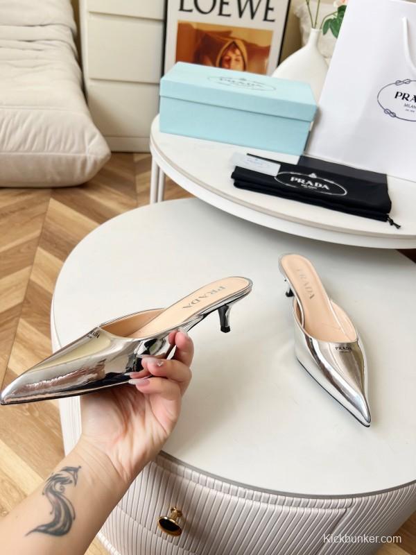 2025 Women Prada Silver Patent Leather Mules