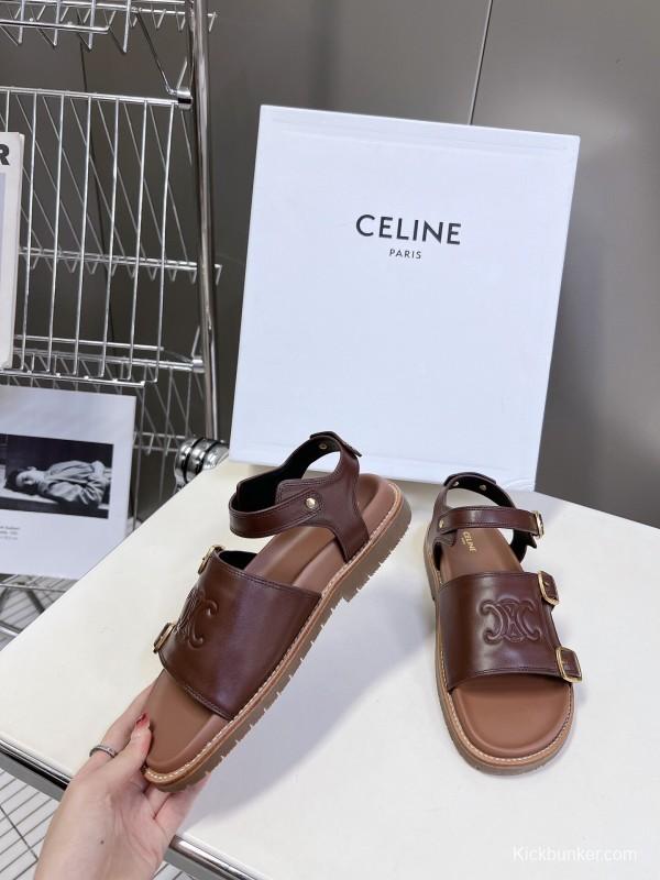 2025 Women Celine Brown Leather Sandals KFY00280