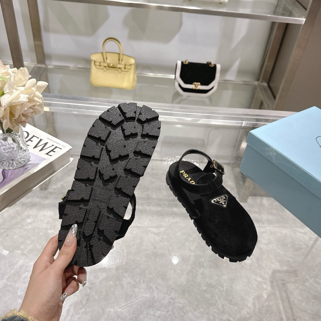 2025 Women Prada Black Suede Sandals LY00270