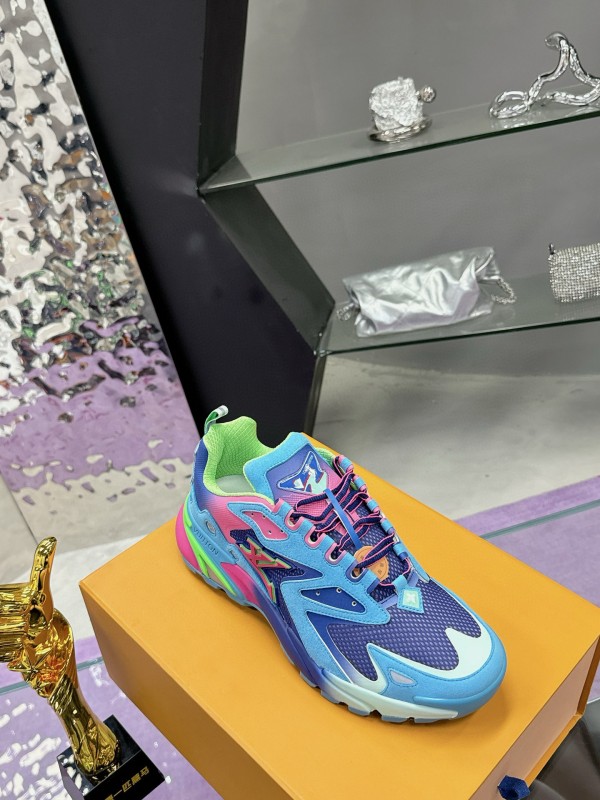 2025 Men Louis Vuitton Blue Pink Green Mesh Leather Sneakers MJ00420