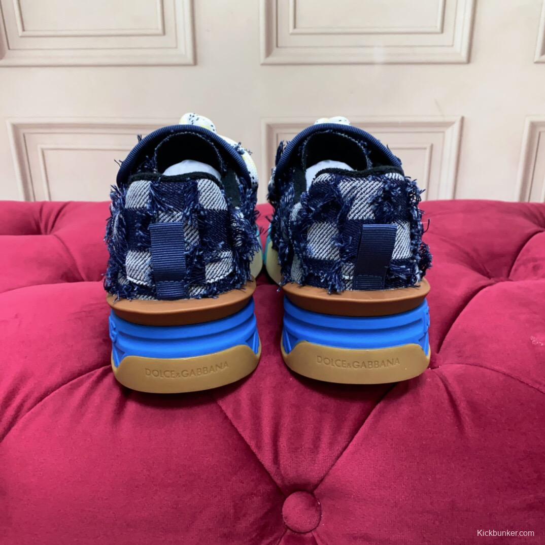 2025 Unisex Dolce & Gabbana Blue White Brown Denim Leather Sneakers