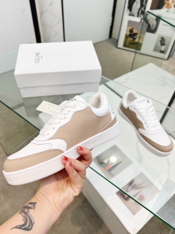 2025 Women Celine White Beige Leather Sneakers BLOCK TRIOMPHE KFY00260