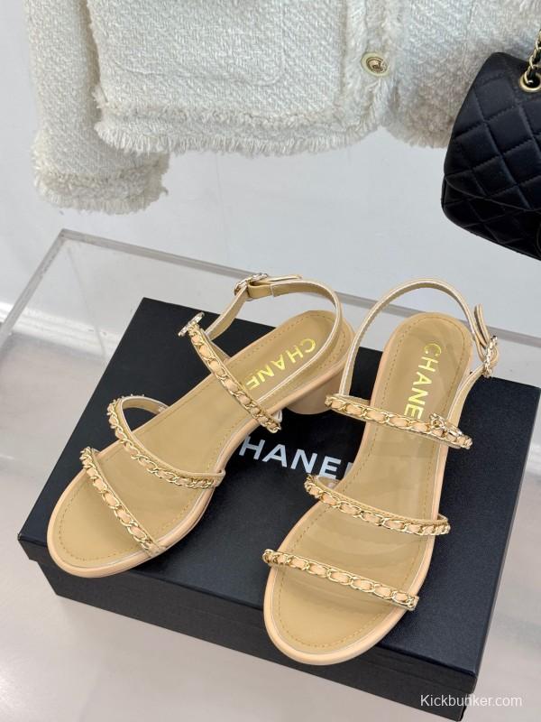 2025 Women Chanel Beige Lambskin Chain Strap Block Heel Sandals