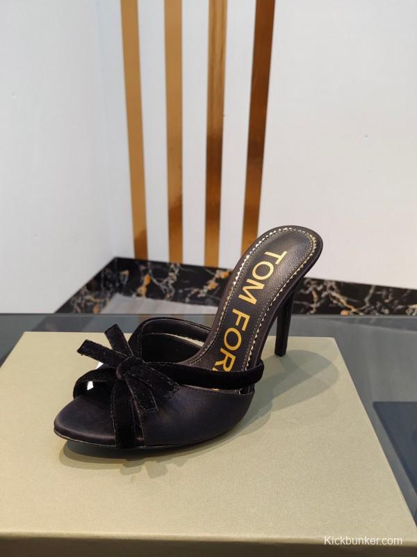 2025 Women TOM FORD Black Velvet High Heel Backless Sandals KFY00290