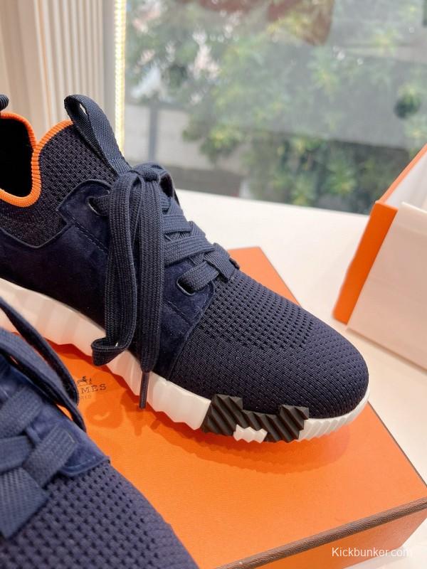 2024 Unisex Hermès爱马仕 Navy Orange White Knit Leather Sneakers MJ00290
