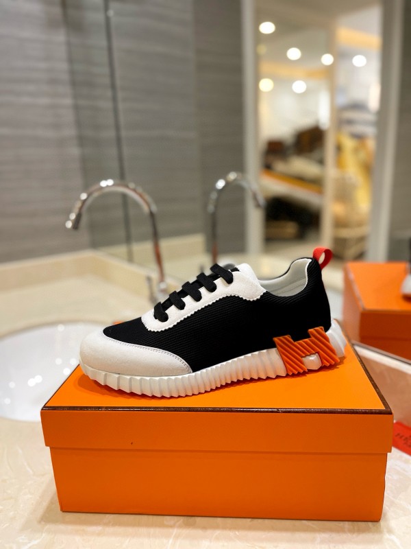 2024 Unisex Hermès black white leather mesh sneakers