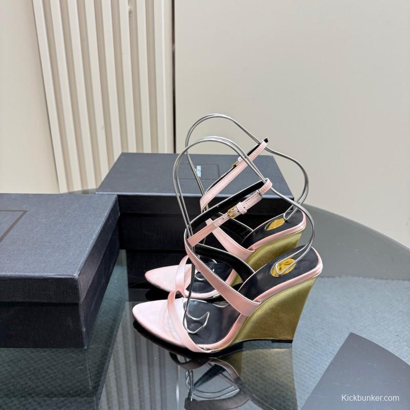 2025 Women Yves Saint Laurent Pink And Olive Silk Wedge Sandals Elegant Design KFY00290(F)