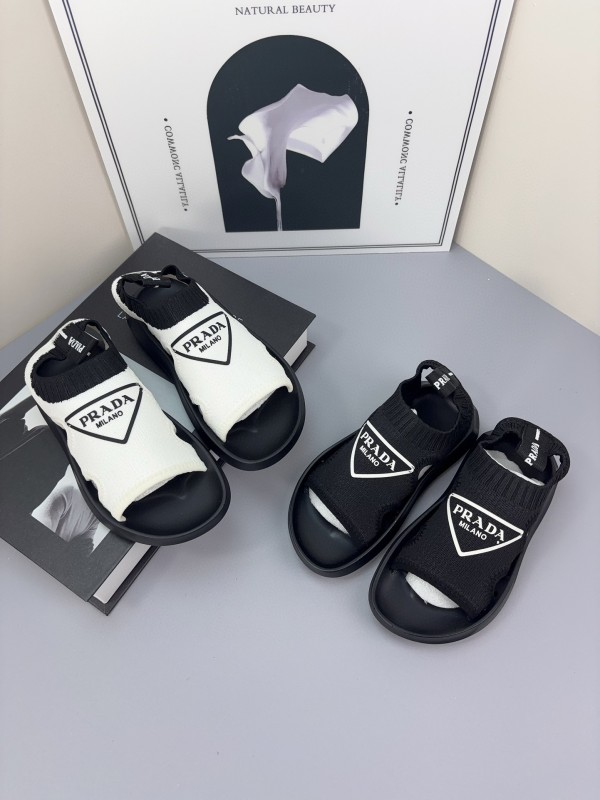 2025 Kids PRADA Black White Fabric Sandals