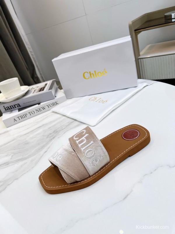 2025 Women Chloé Beige Velvet Slippers LY00200