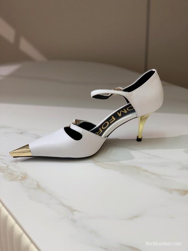 2025 Women TOM FORD White Gold Leather Pointed Toe Pumps KFY00320