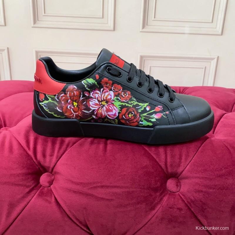 2025 Women Dolce & Gabbana Black Red Leather Sneakers Floral LY00300