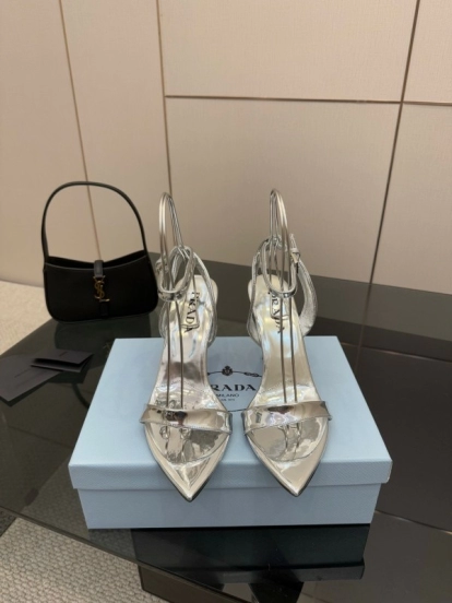 2025 Women Yves Saint Laurent Silver Leather Stiletto Sandals