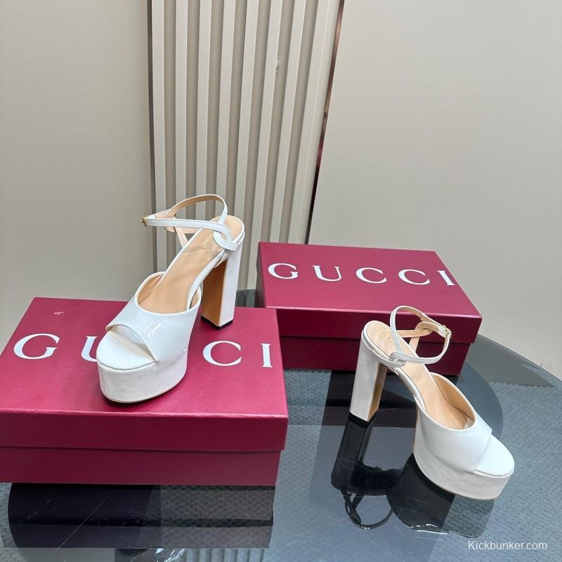 2025 Women Gucci White Leather Platform Sandals