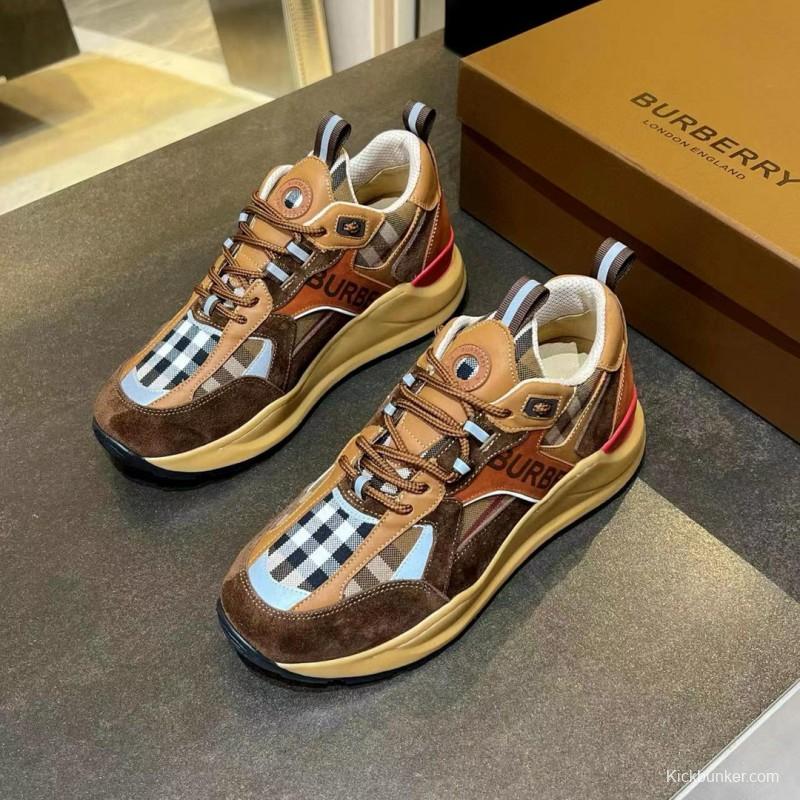 2025 Unisex Burberry Brown Beige Suede Leather Mesh Sneakers Checked Pattern MX00380