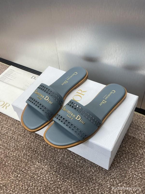 2025 Women Dior Blue Leather Slippers KFY00300