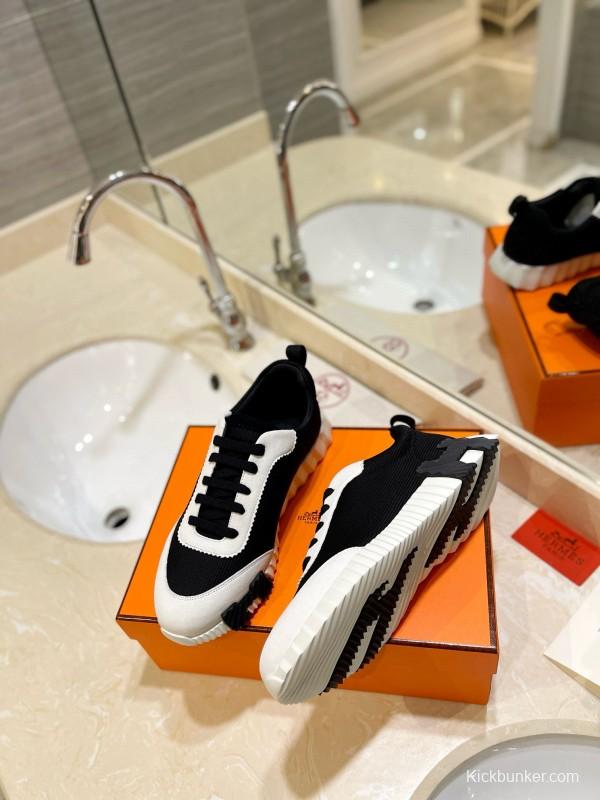 2024 Unisex Hermès black white fabric sneakers