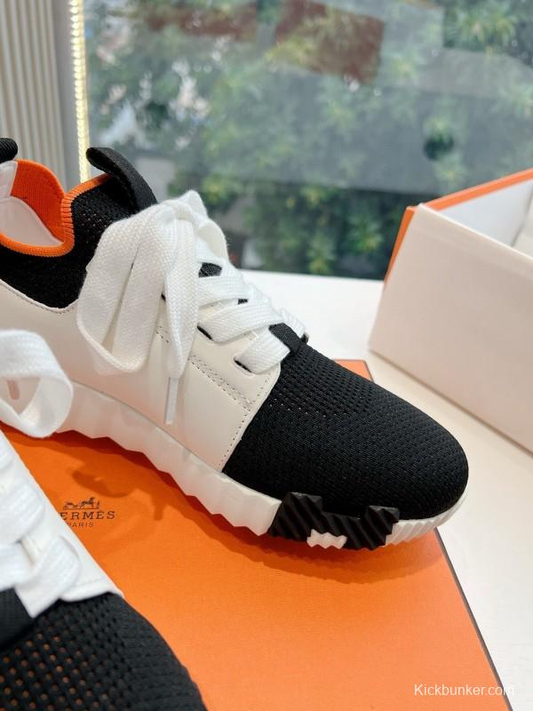 2024 Unisex Hermès Black White Orange Calfskin Suede Knitted Sneakers MJ00290