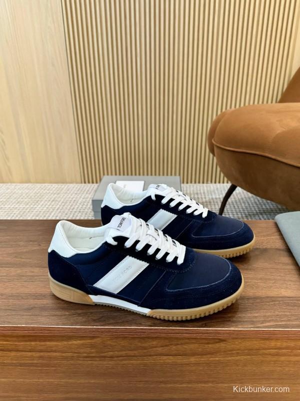 2025 Men TOM FORD Navy White Suede Leather Sneakers LY00360