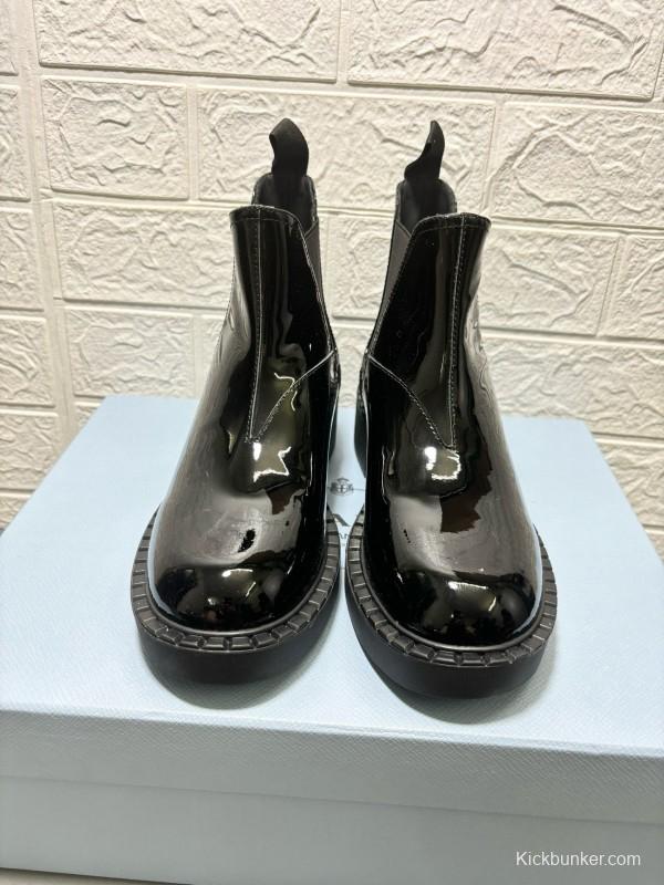 2024 Unisex Prada Black Patent Calf Leather Cowhide Leather Ankle Boots MJ00380