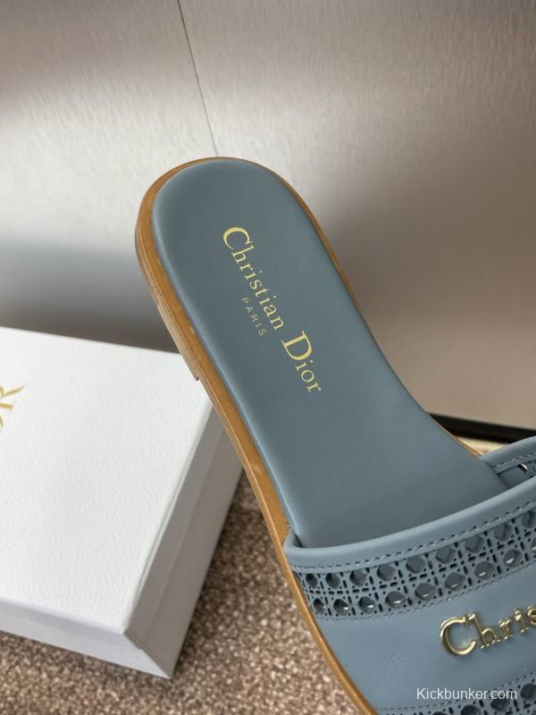 2025 Women Dior Blue Leather Slippers KFY00300