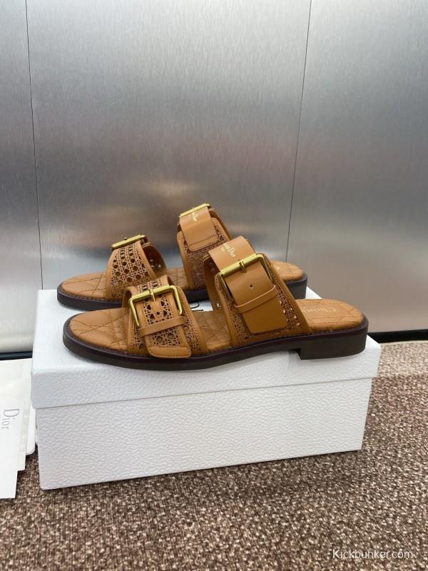 2025 Women Dior Brown Leather Slip-on Sandals