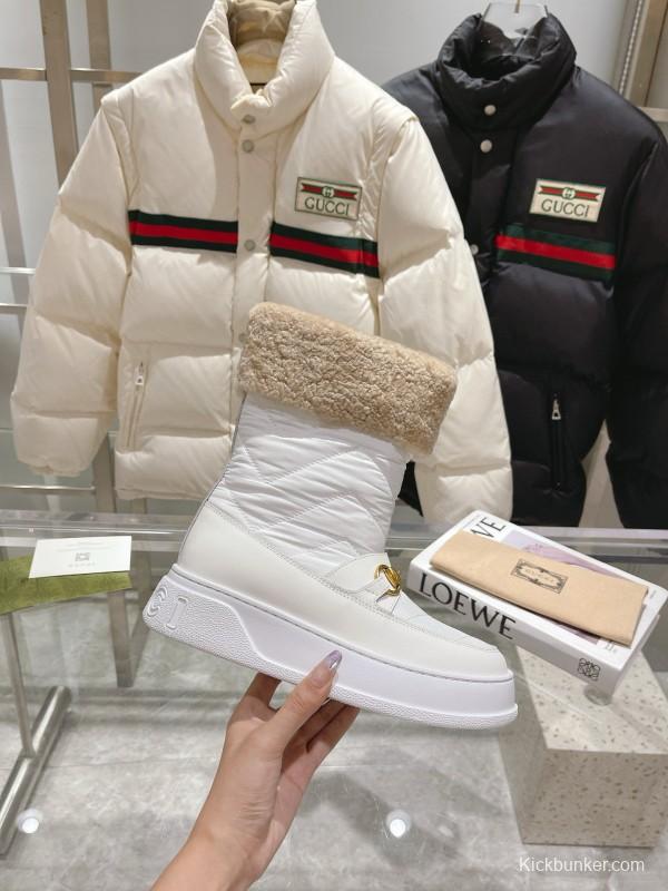 2024 Women Gucci White Sheepskin Snow Boots Gold Hardware