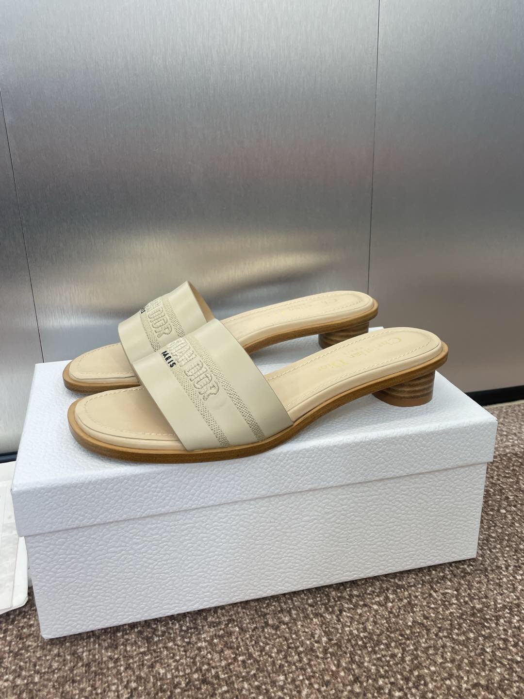 2025 Women Dior Beige Leather Slippers Embroidered KFY00300